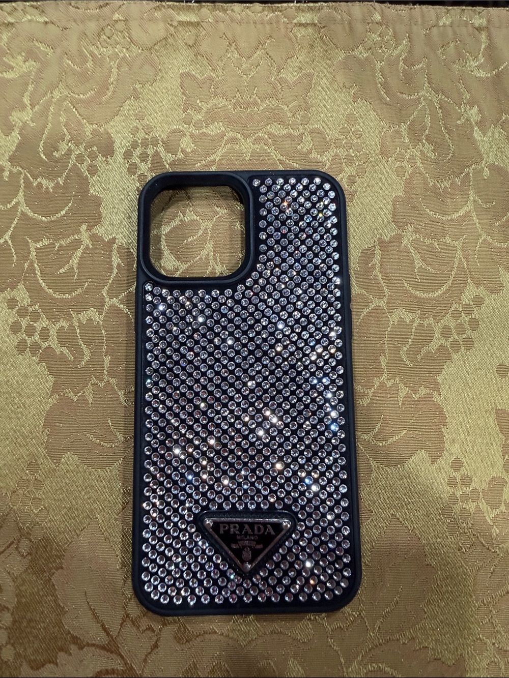 Prada Black Phone Case with Silver Crystal Embellishments